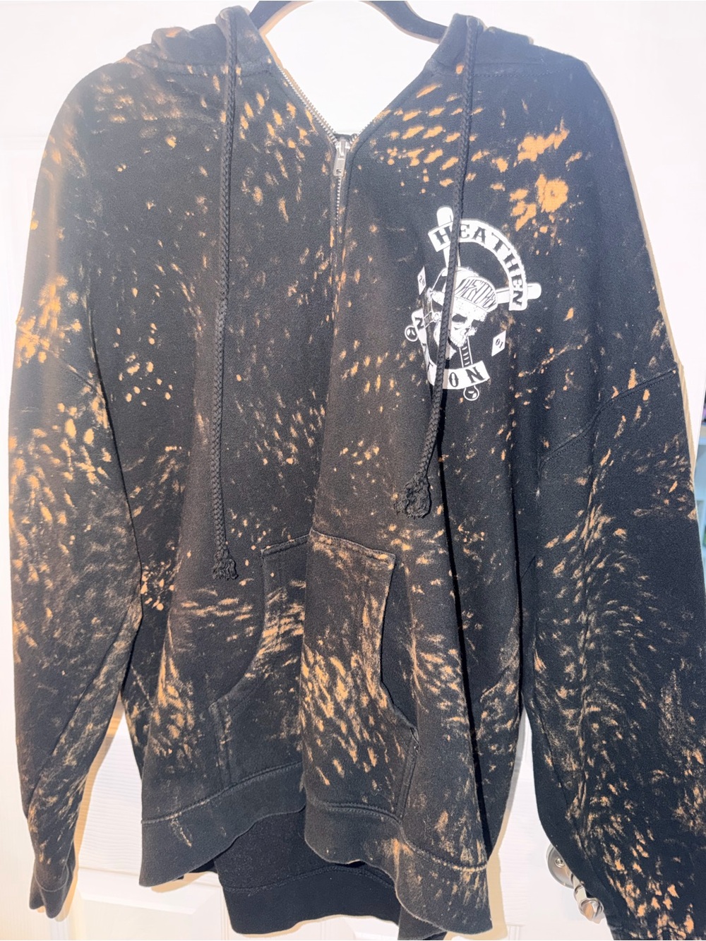 Heathen Nation Bleach-Effect Black Zip Hoodie with White Skull Logo